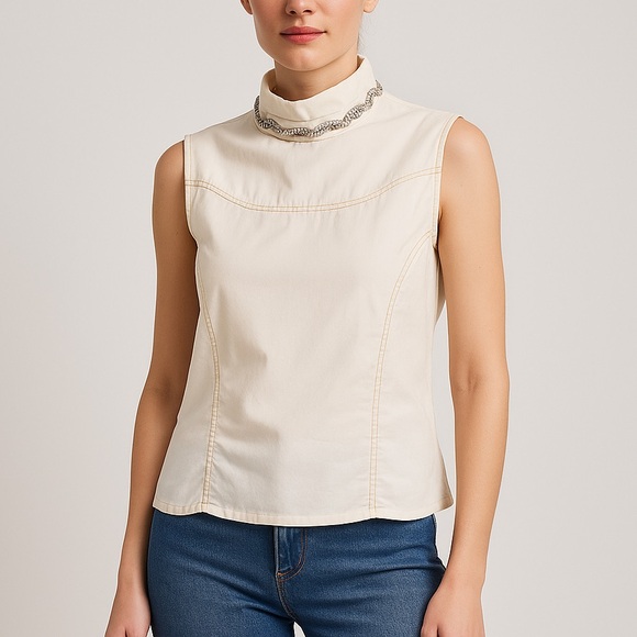 Prada Ivory Sleeveless Blouse with Embellished Collar - Picture 1 of 9